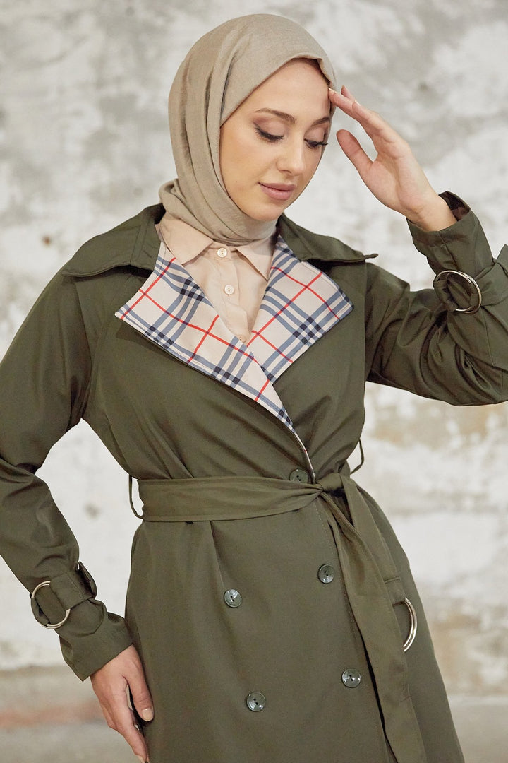 MDS Women Eleta Double-Breasted Checkered Trench Coat - Khaki - Zacatepec