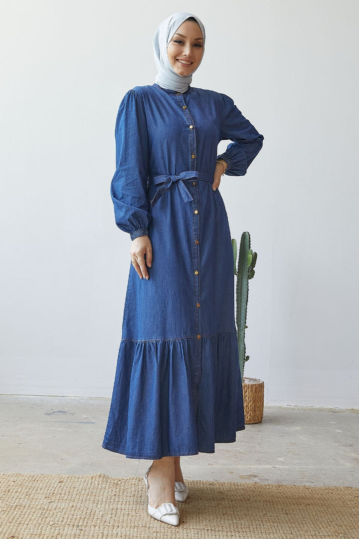 MDS Women Aravis Skirt Ruffled Belted Denim Dress - Dark Blue - La Presa