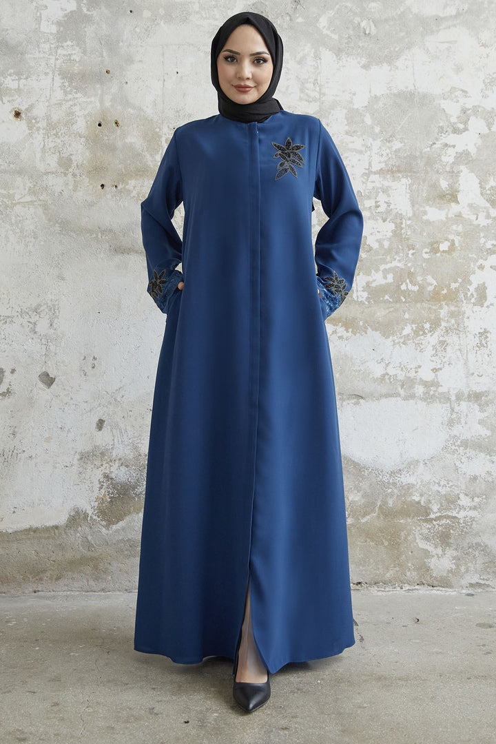MDS Women Sleeve Flower Stone Abaya - Indigo - Ílion