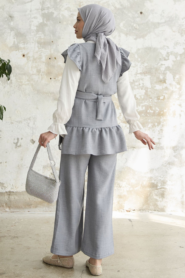 MDS Women Ruffled Shoulder Three Piece Set - Gray - Monterotondo