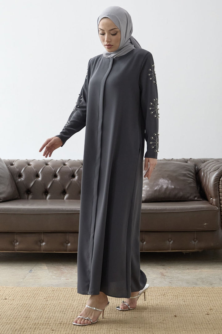 MDS Women Sleeves Pearl Stone Detail Abaya - Anthracite - Mairena del Aljarafe