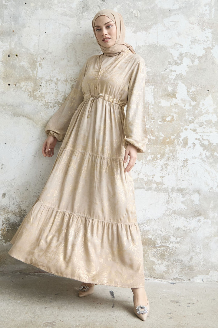 MDS Women Gold Flower Leaf Dress - Beige - Dallas