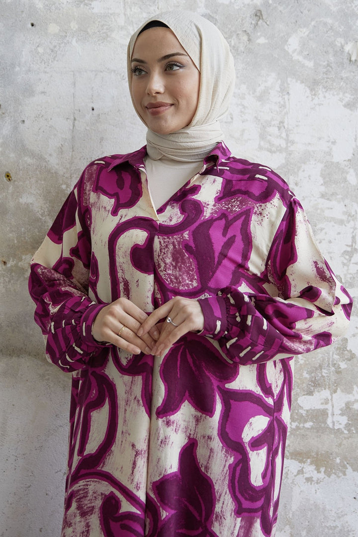 MDS Women Shirt Collar Patterned Viscose Dress - Fuchsia - Salisbury