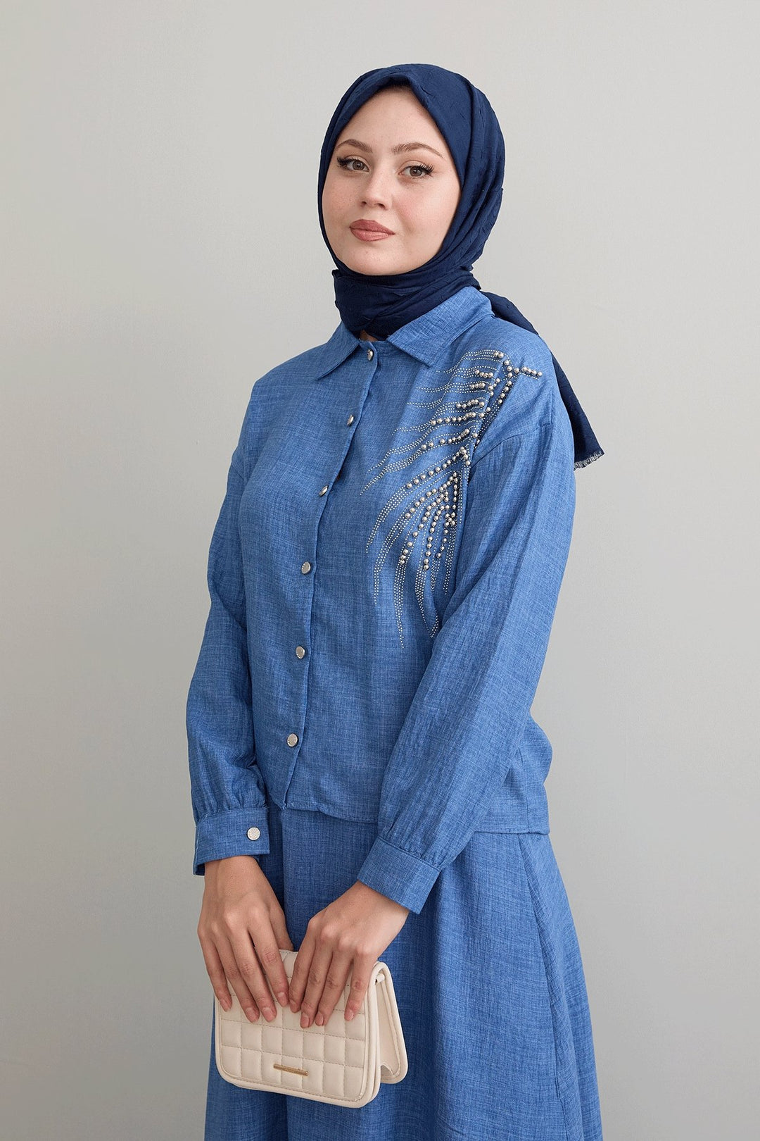MDS Women Blue Linen Suit with Beaded Skirt - Marysville