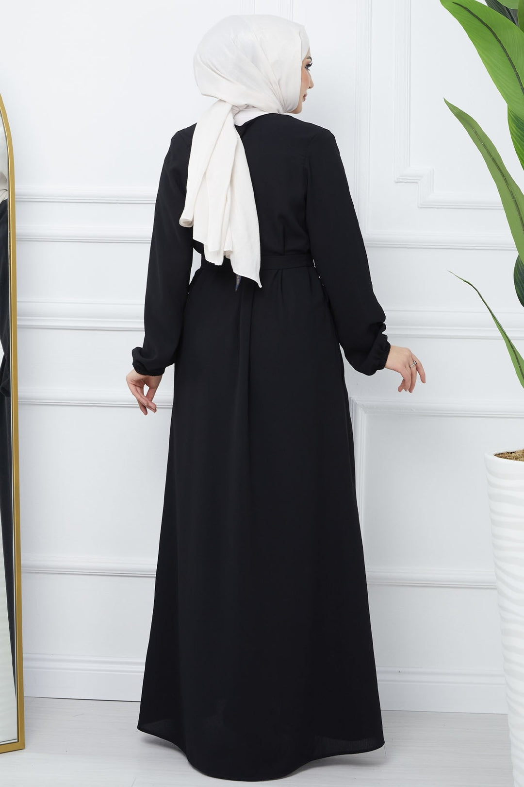 MDS Women Belted Honeycomb Fabric Abaya - Black - Huauchinango