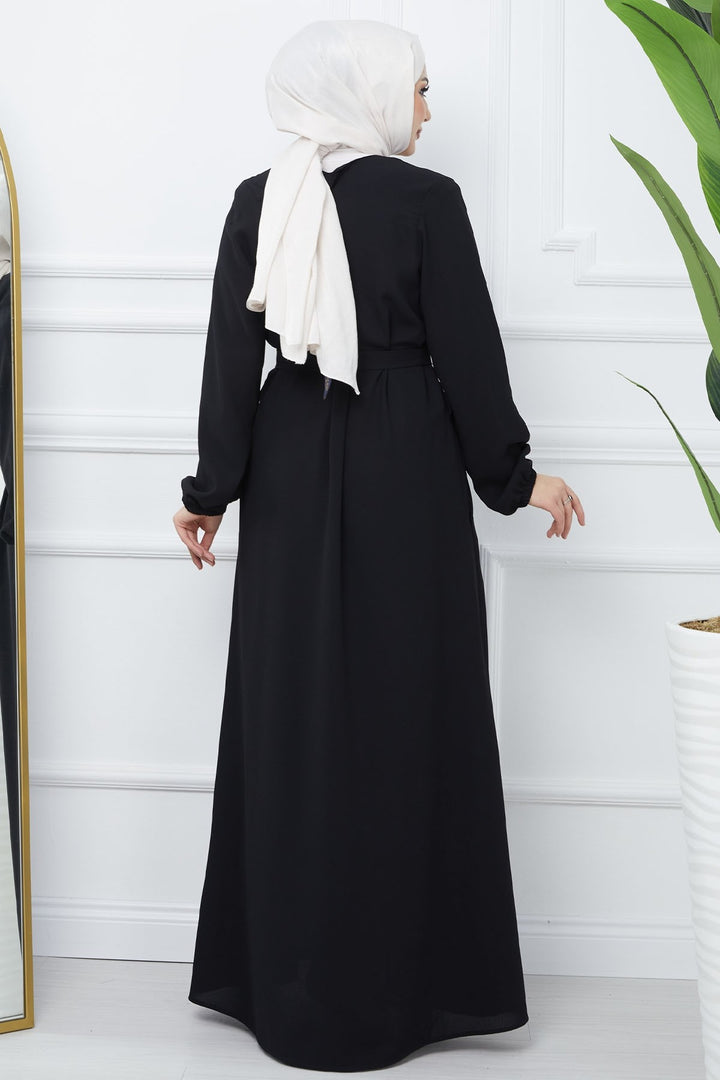 MDS Women Belted Honeycomb Fabric Abaya - Black - Huauchinango