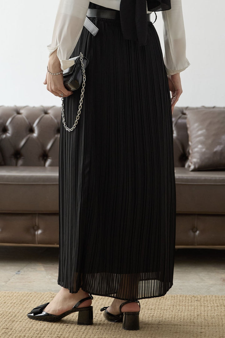MDS Women Ruched Waist Chiffon Skirt with Belt - Black - Petaluma