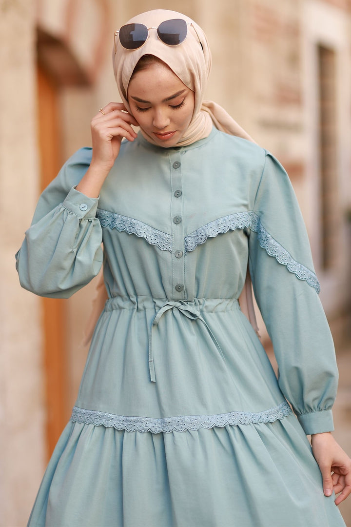 MDS Women Guipure Detail Balloon Sleeve Dress - Mint - Vinnytsia