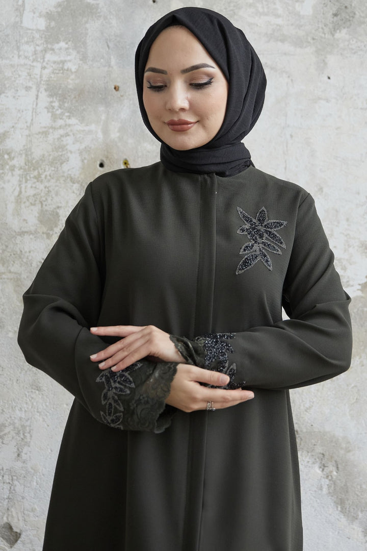 MDS Women Sleeve Flower Stone Abaya - Khaki - Portsmouth