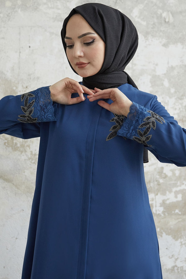 MDS Women Sleeve Flower Stone Abaya - Indigo - Ílion