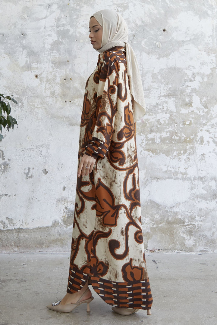 MDS Women Shirt Collar Patterned Viscose Dress - Brown - Castelldefels