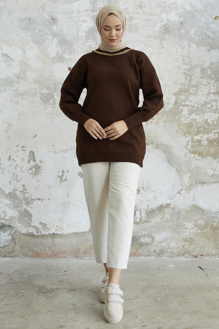 MDS Women Greenhouse Chain Detailed Knit Sweater - Dark Brown - Yuzhnoukrainsk