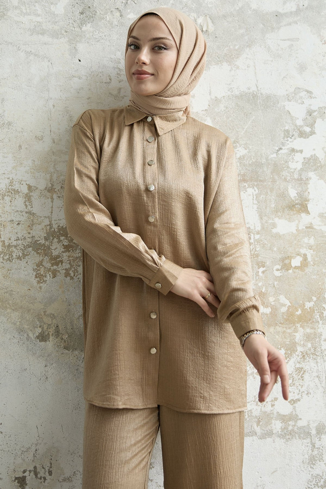 MDS Women Shirt Collar Sequined Two Piece Set - Camel - Barletta