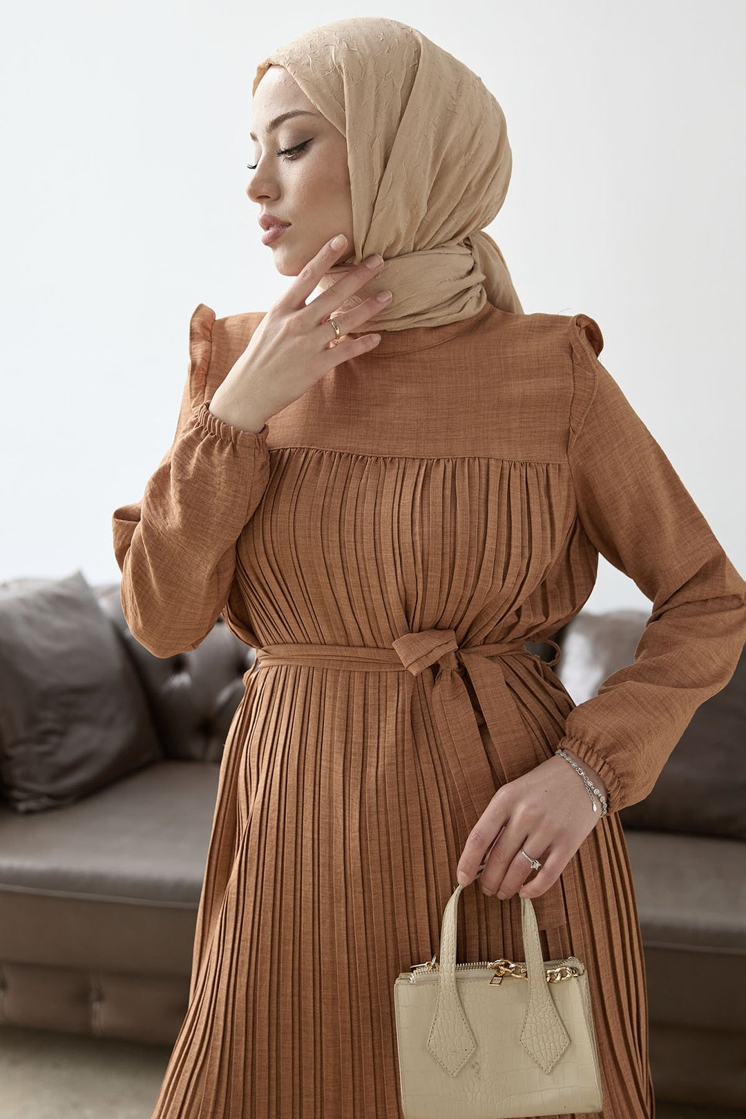 MDS Women Front Pleated Ruffle Detail Set - Camel - St. Cloud