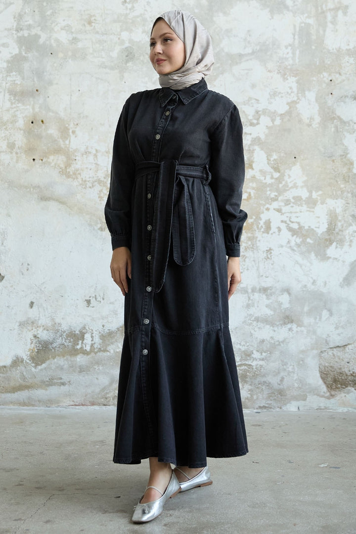 MDS Women Buttoned Belted Denim Dress - Black - Medicine Hat