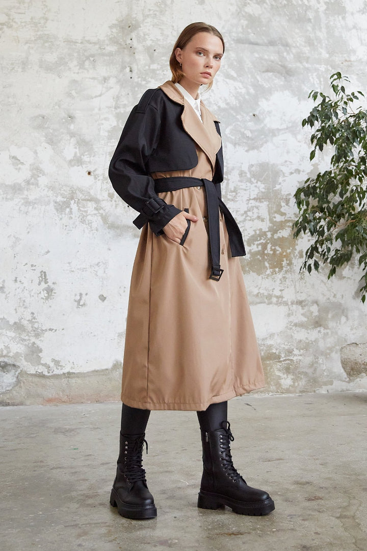 MDS Women Two-Tone Epaulet Detail Trench Coat - Black - Lleida