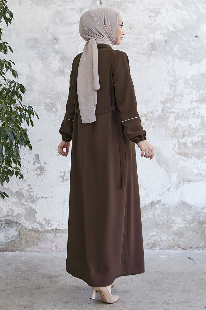 MDS Women Milena Embroidered Detail Belted Abaya - Brown - Monrovia