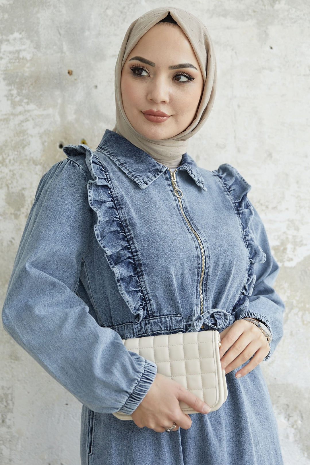 MDS Women Ruffled Detail Tunnel Belted Denim Dress - Blue - Mount Vernon