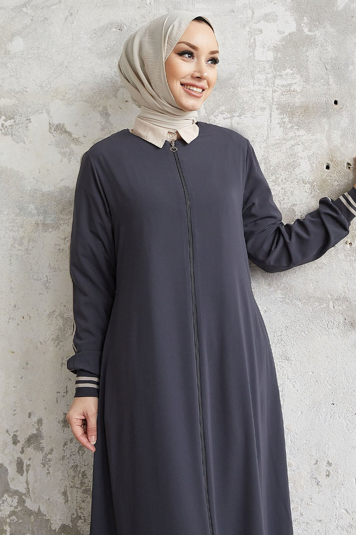 MDS Women Hazel Striped Patterned Abaya - Smoke Gray - Haverhill