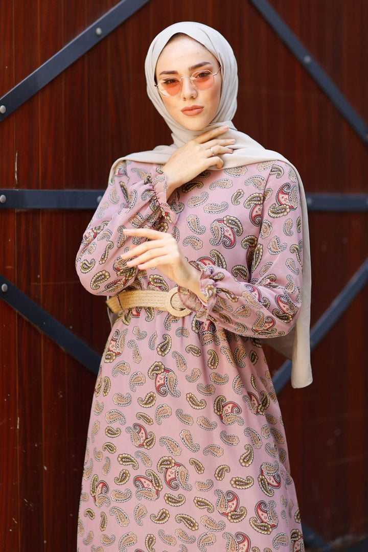 MDS Women Mesh Belted Chiffon Dress with Shawl Pattern - Rose Pink - Paramount