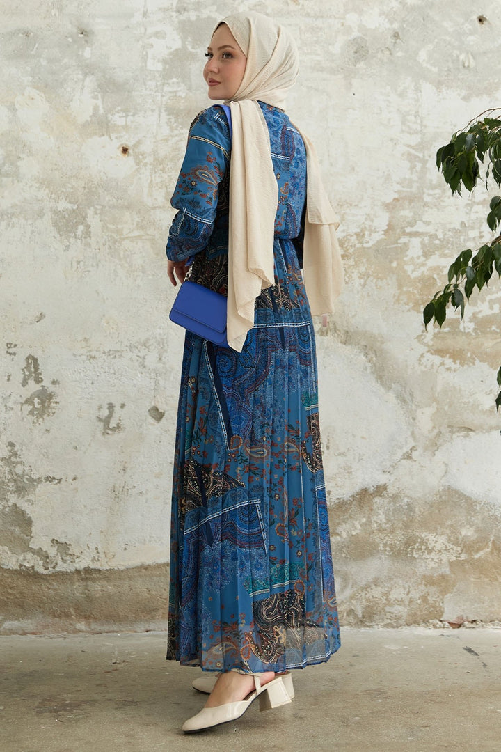 MDS Women Viera Shawl Patterned Collar Belted Chiffon Dress - Blue - Allentown