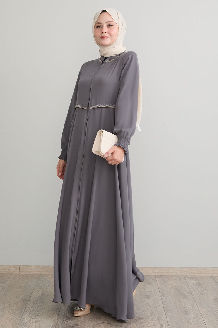 MDS Women Embroidered Mevlana Fabric Gray Ferace - Dublin