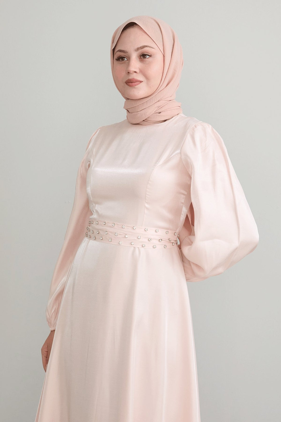 MDS Women Stone Belted Shimmery Powder Satin Dress - Ludwigshafen