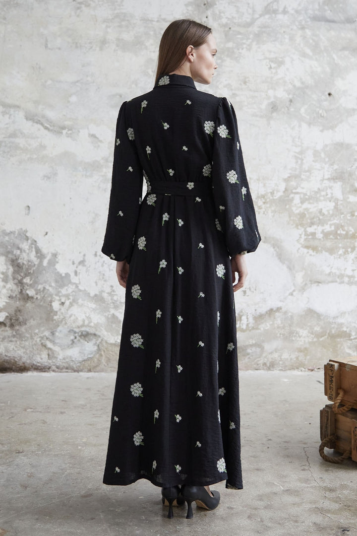 MDS Women Floral Embroidered Linen Dress - Black - Zürich