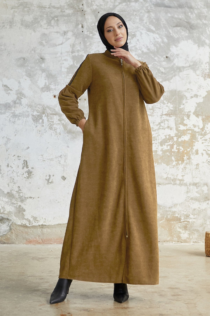 MDS Women Eleni Collar Button Detail Abaya - Light Brown - Melito di Napoli