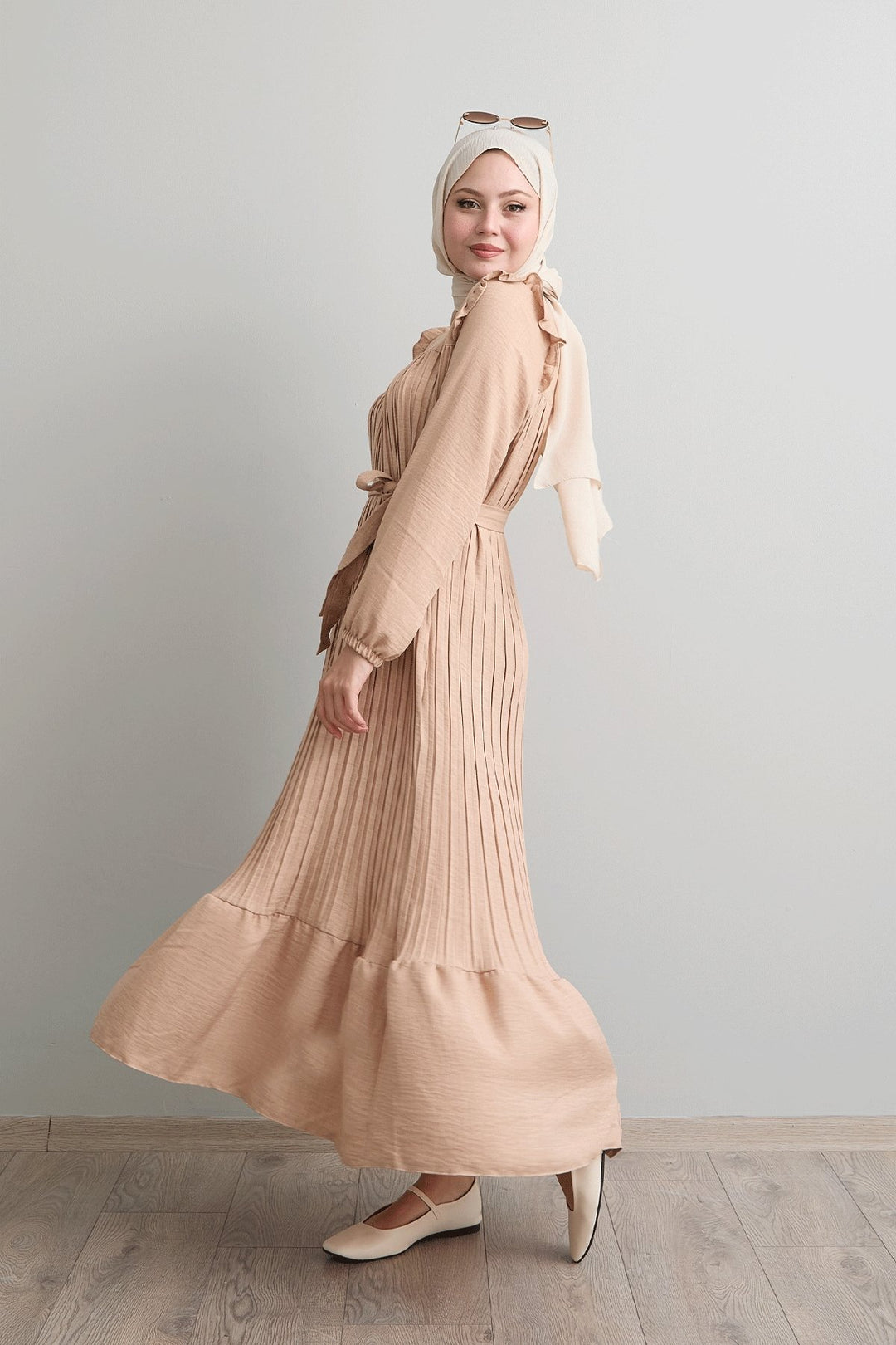MDS Women Stone Dress with Ruffle Pleated Linen Shoulder - San Donà di Piave