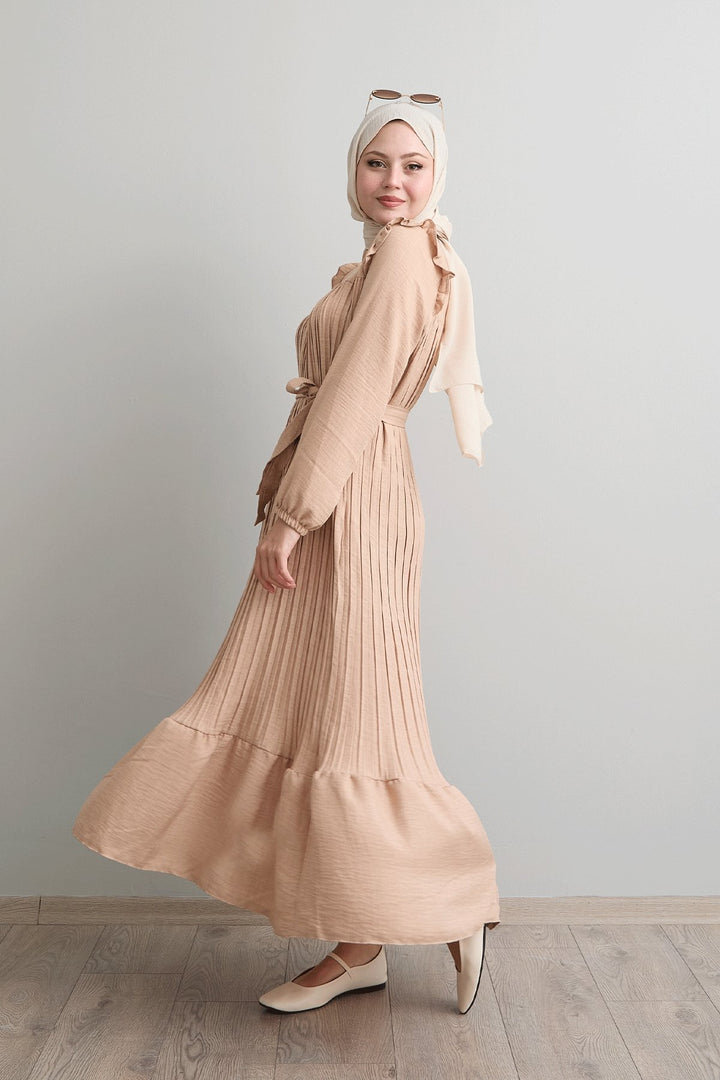 MDS Women Stone Dress with Ruffle Pleated Linen Shoulder - San Donà di Piave