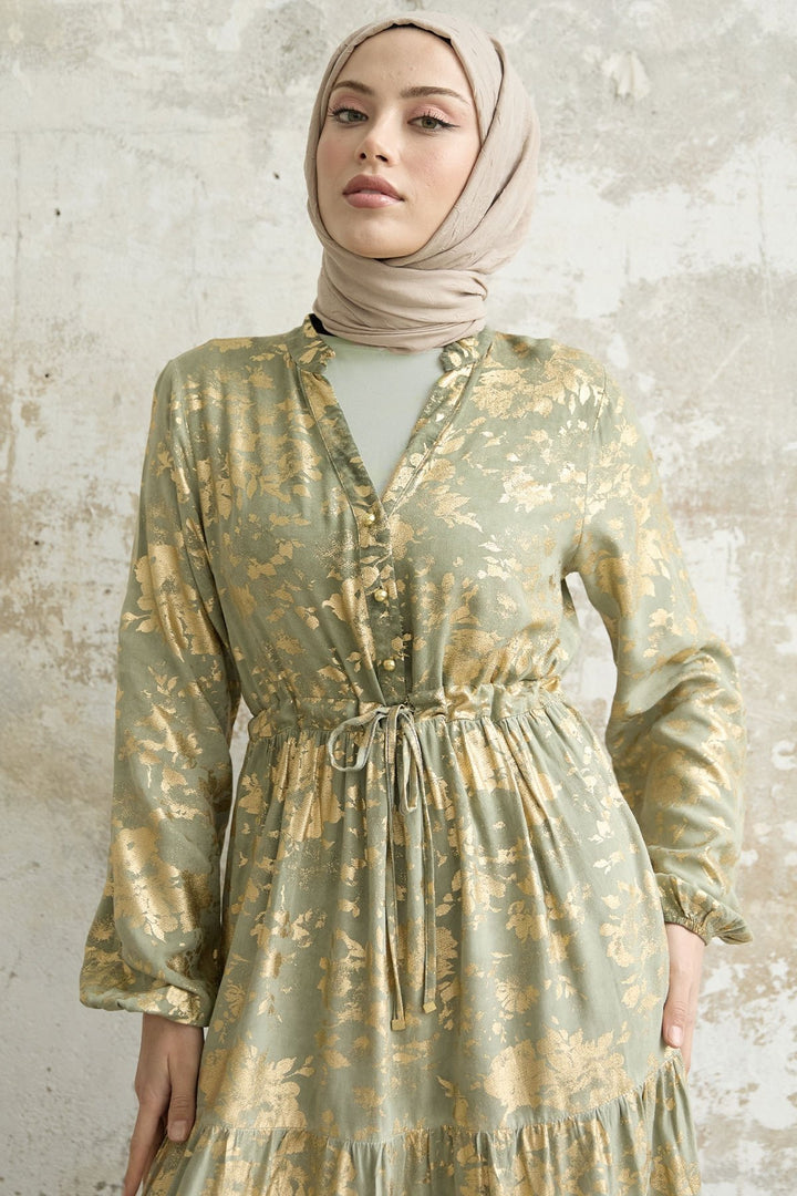 MDS Women Leaf Pattern Dress with Gold Leaf - Mint - La Rochelle