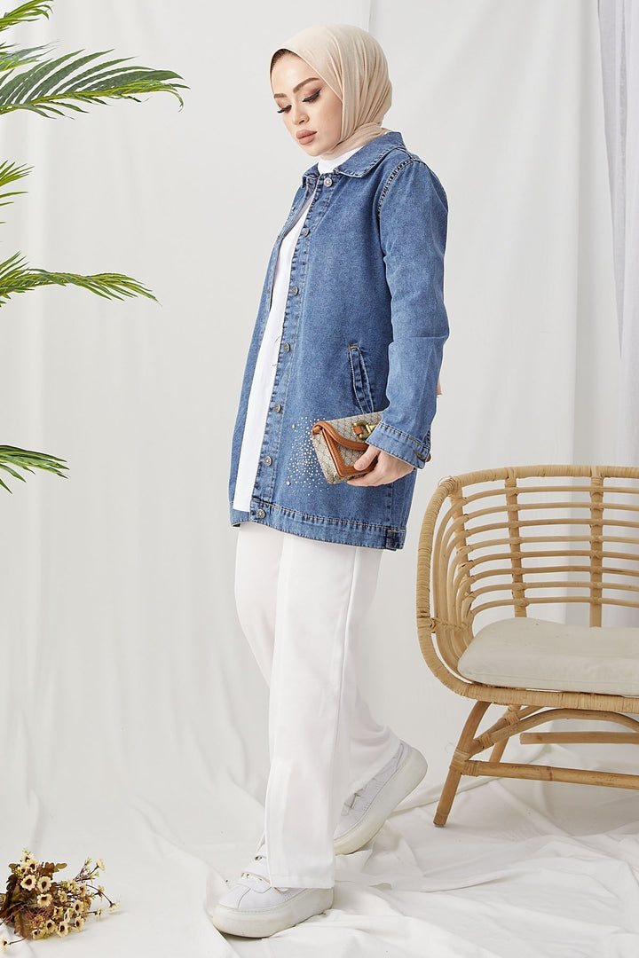 MDS Women Pearl Detailed Denim Jacket - Ice Blue - Bayreuth