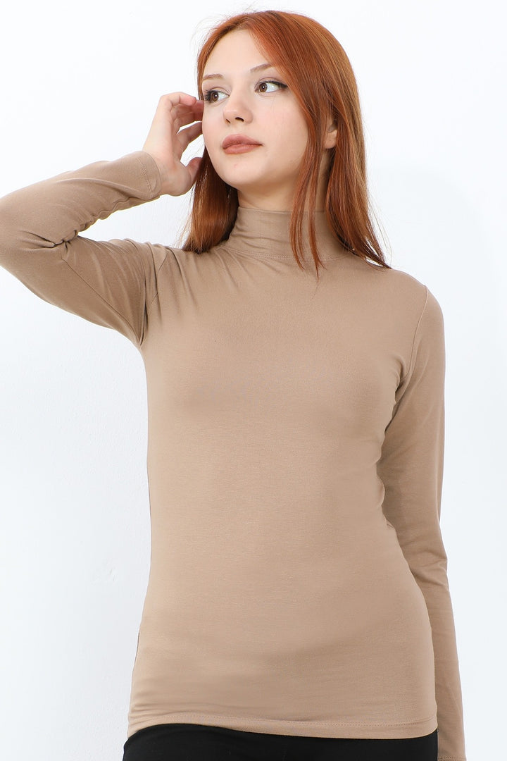 MDS Women Long Sleeve Fisherman Collar Basic Bodysuit - Beige - Beavercreek