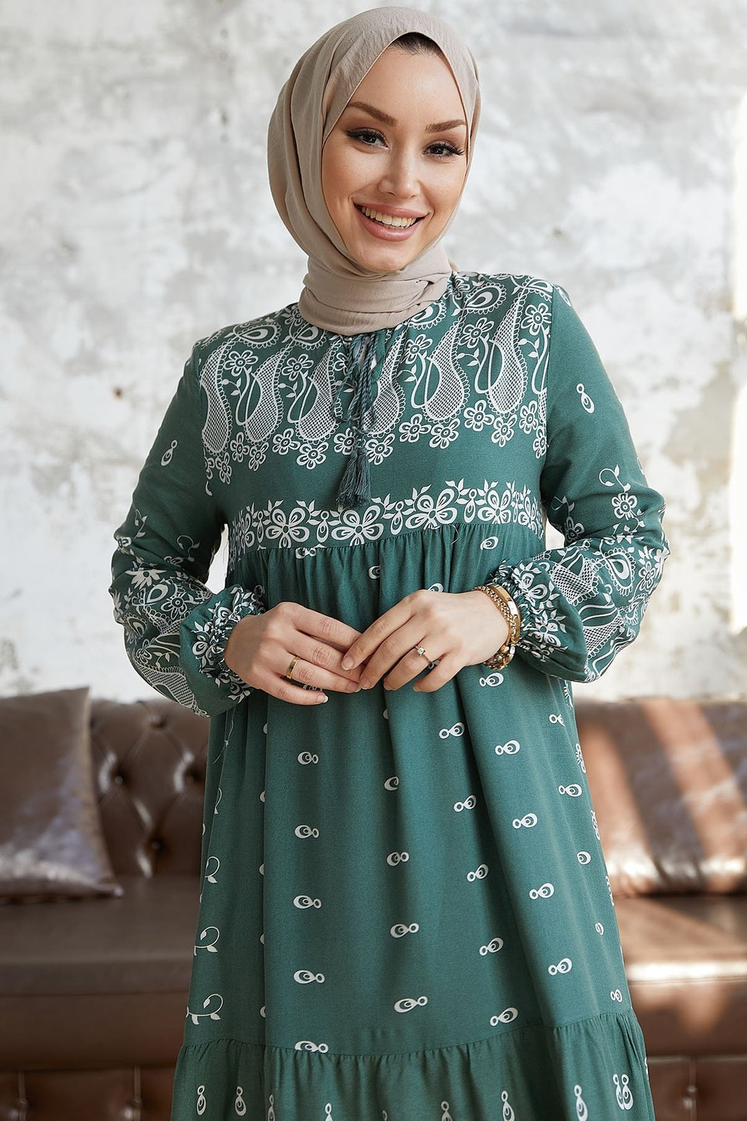 MDS Women Selva Front Tasseled Patterned Viscose Dress - Mint - Langen