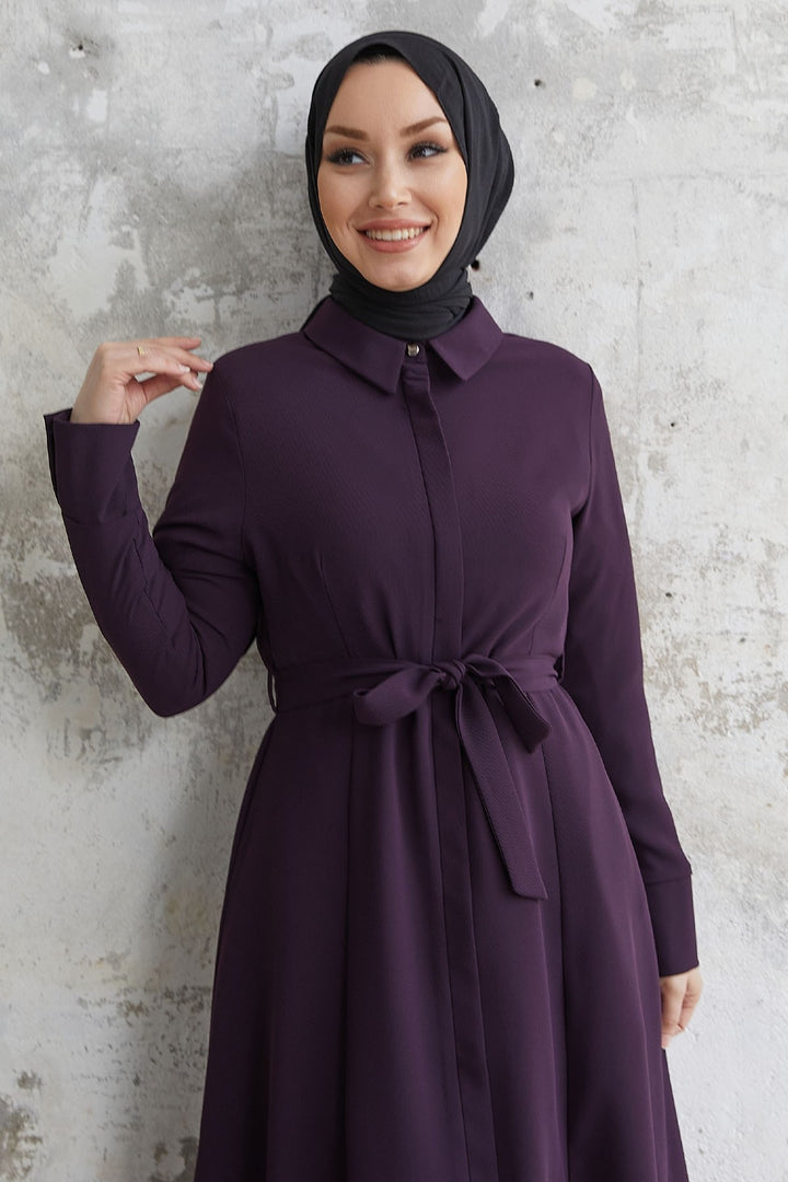 MDS Women Emery Belted Shirt Collar Abaya - Purple - Ahaus