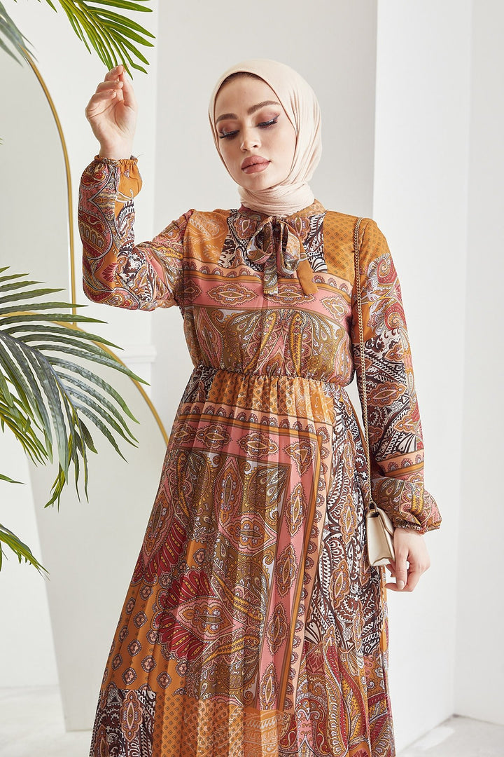MDS Women Elinor Shawl Patterned Chiffon Dress - Mustard - Tonalá