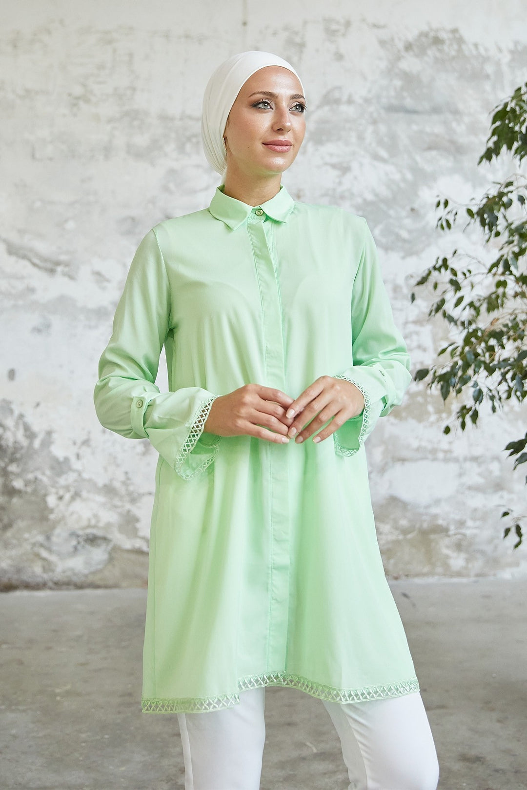 MDS Women Button-Detailed Shirt with Tied Cuff - Water Green - Beckenham