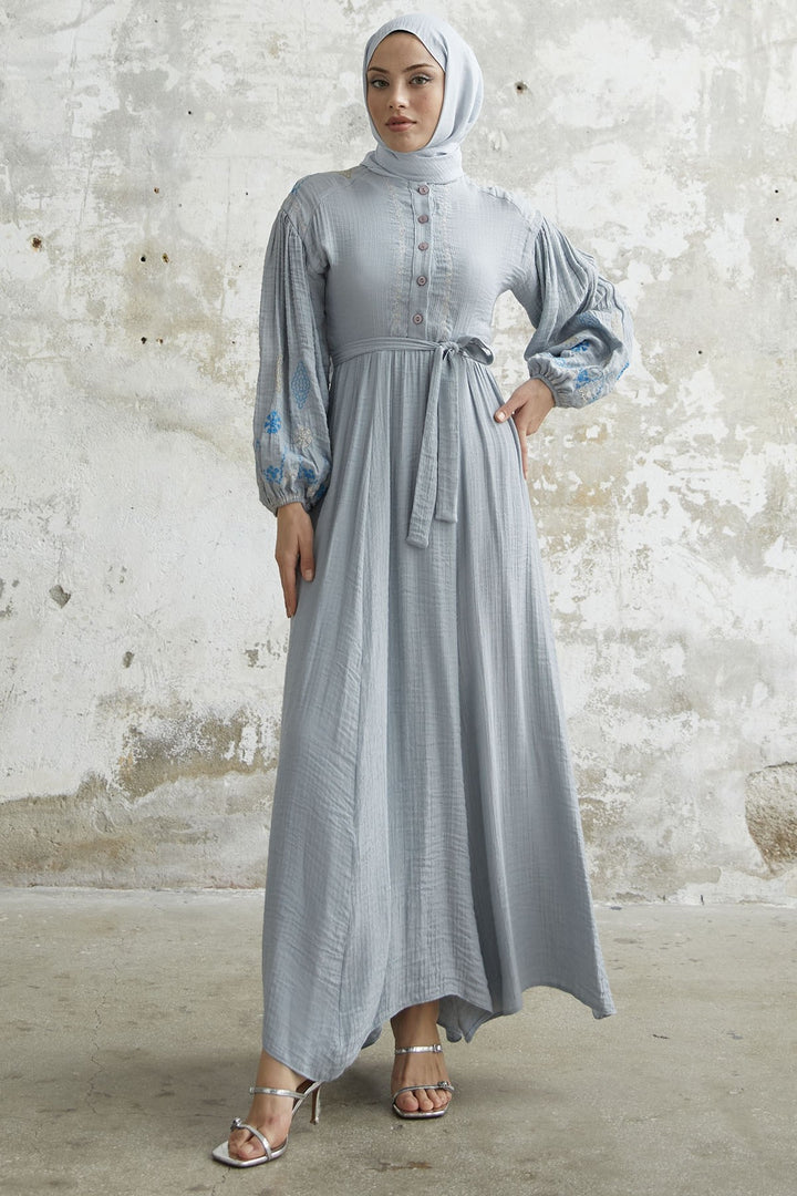 MDS Women Waffle Dress with Embroidered Sleeve - Gray - La Presa