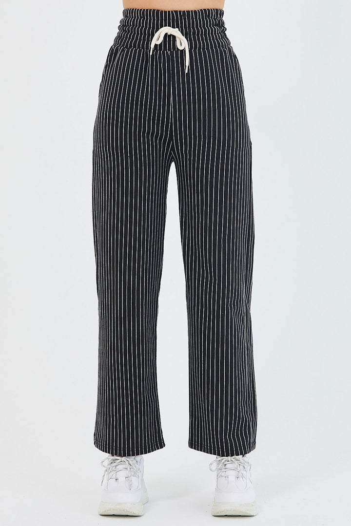 MDS Women High Waist Striped Wide Leg Pants - Black - Zalău