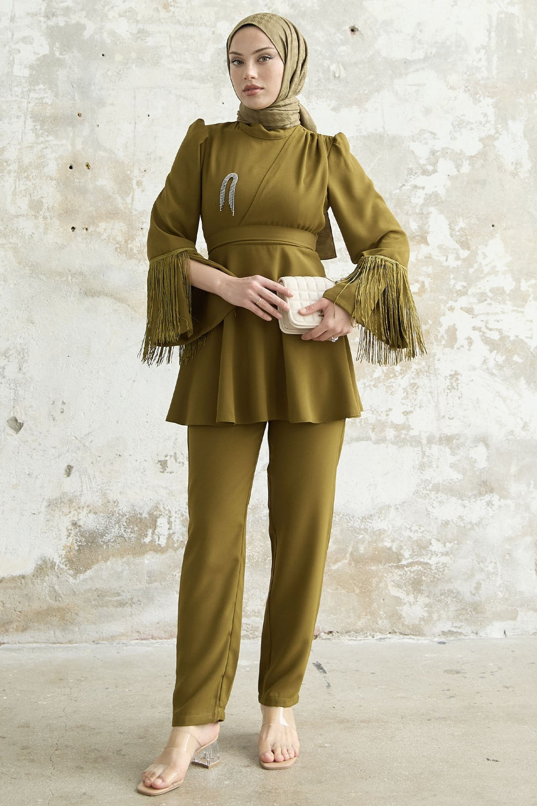 MDS Women Tasseled Sleeve Stone Crepe Set - Olive Green - Jilotepec
