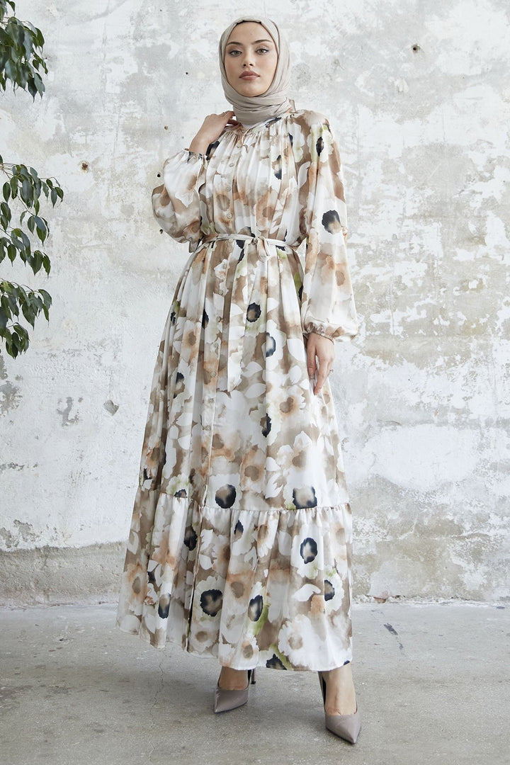 MDS Women Floral Buttoned Satin Dress - Brown - Warwick