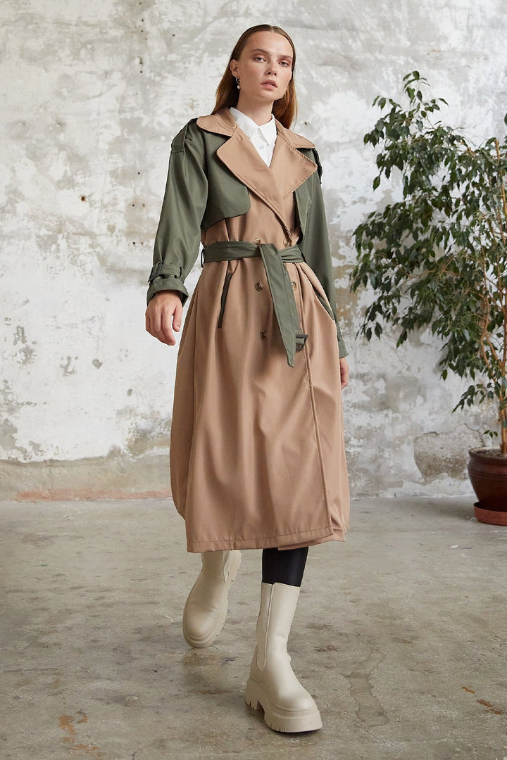 MDS Women Two-Tone Epaulet Detail Trench Coat - Khaki - Oviedo