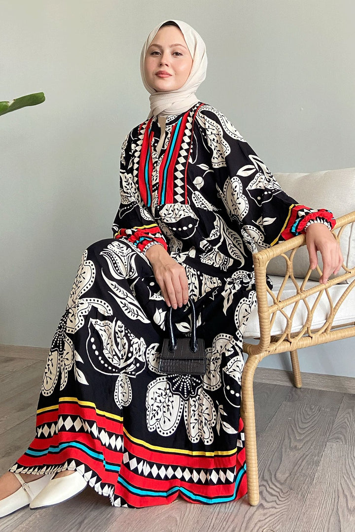 MDS Women Colorful Mixed Baggy Black Viscose Dress - Coral Springs