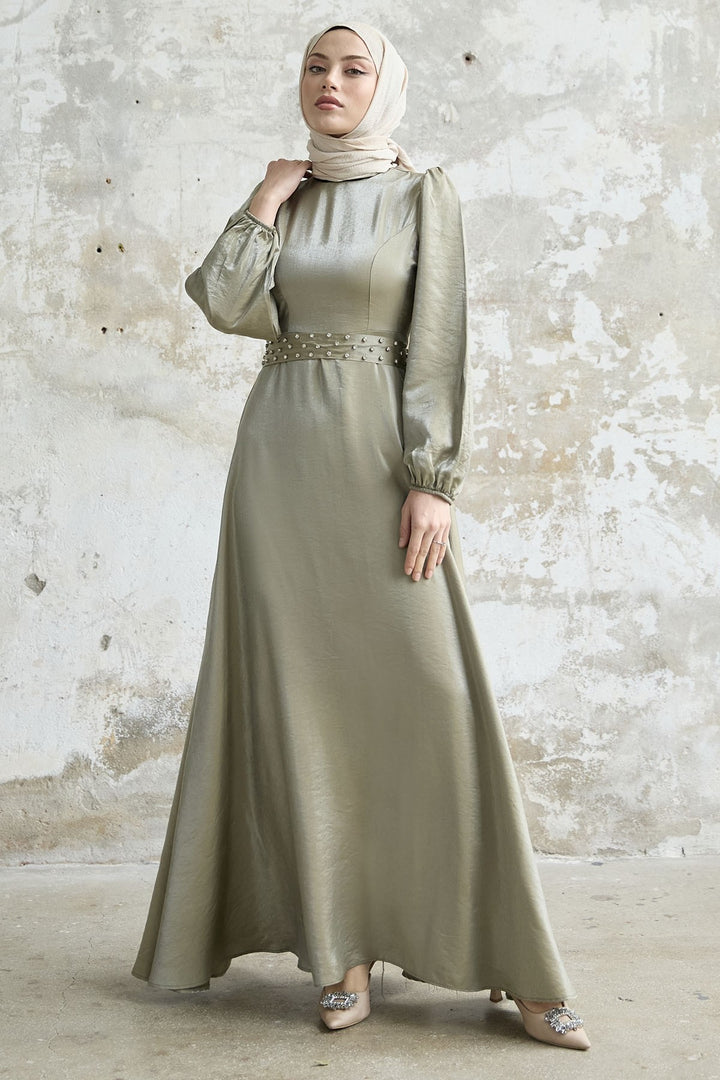 MDS Women Stone Belted Shiny Satin Dress - Khaki - Woolwich