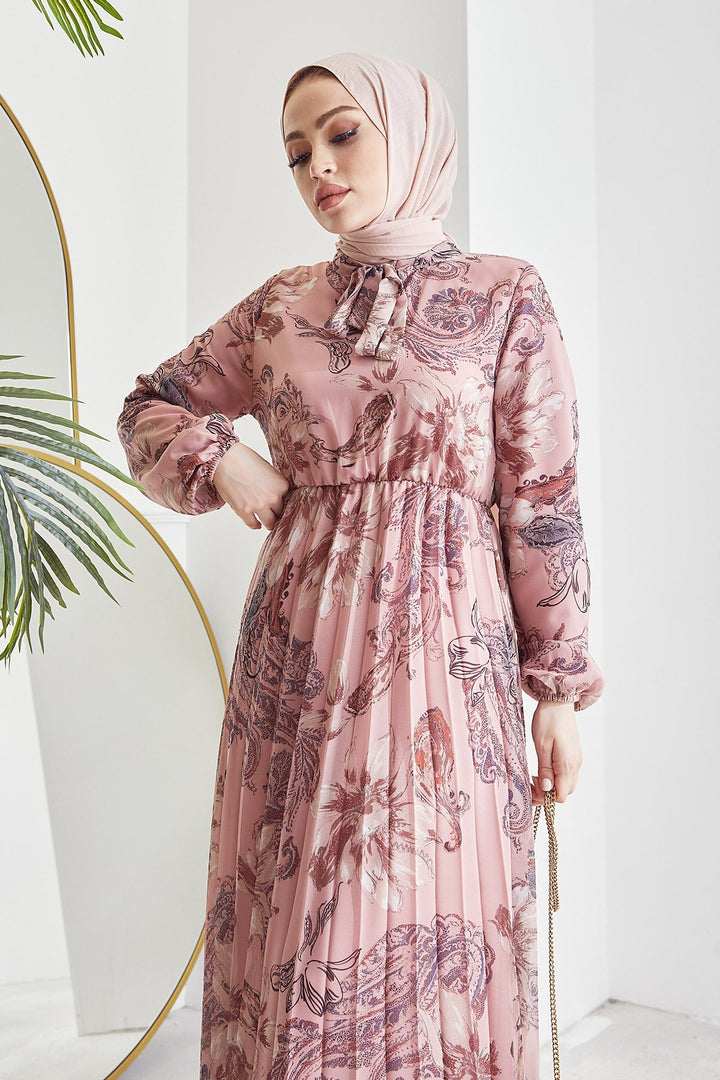 MDS Women Serena Flower Pattern Pleated Chiffon Dress - Rose Pink - Toulouse