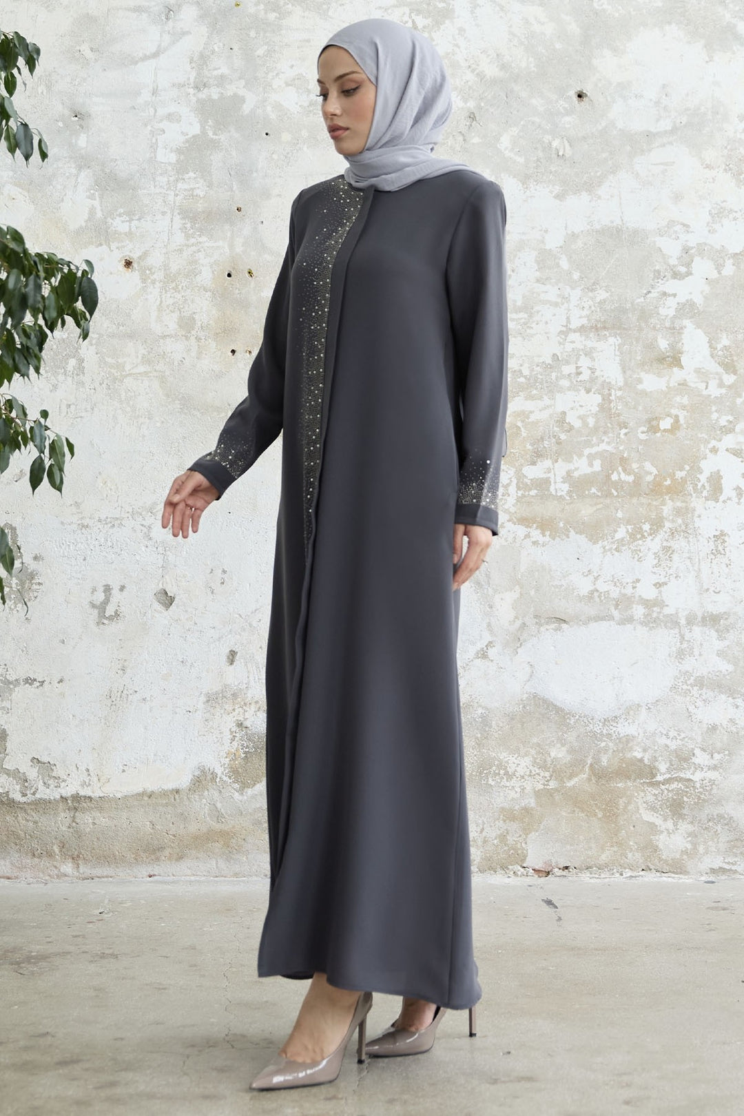 MDS Women Stone-embellished Abaya with Right Side - Anthracite - Tlalmanalco