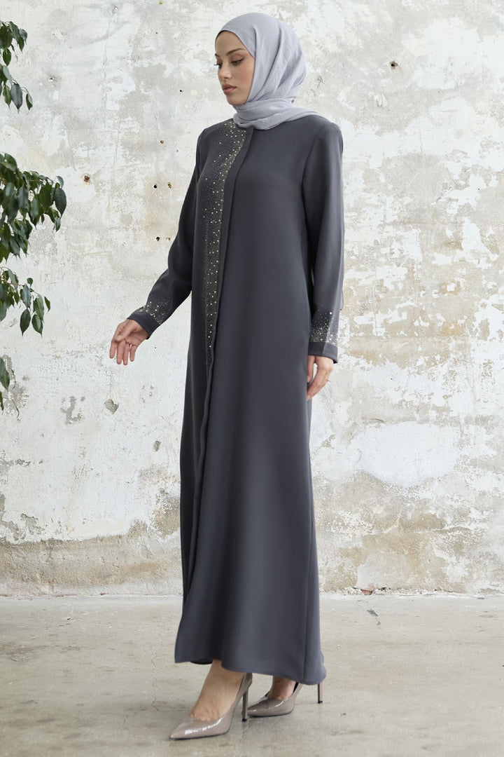 MDS Women Stone-embellished Abaya with Right Side - Anthracite - Tlalmanalco