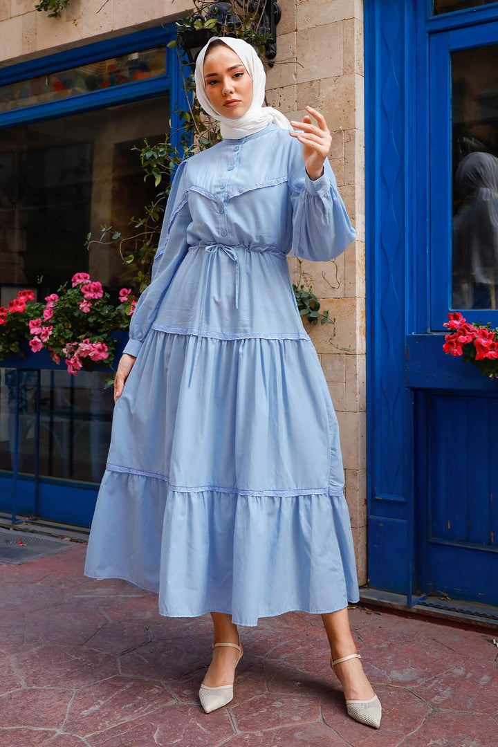 MDS Women Guipure Detail Balloon Sleeve Dress - Baby Blue - Bornheim