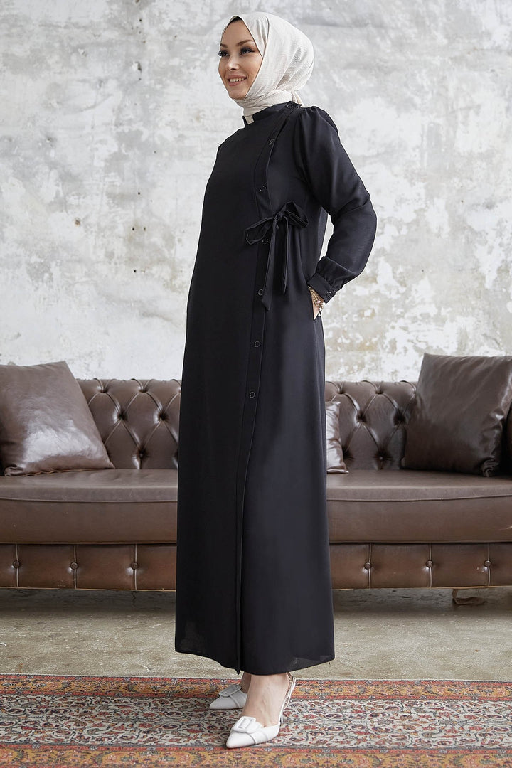 MDS Women Davies Side Buttoned Belted Abaya - Black - Albufeira
